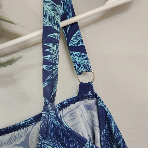 Cadocado Tankini Swimsuit Blue Palm Tree Leaves 3 Tier Ruffle Top Sz 20 XXL Exc - Picture 4 of 15